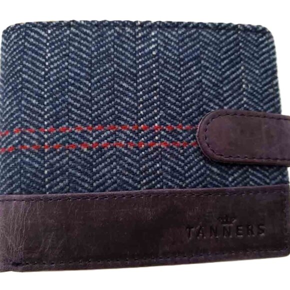 Tanners Herringbone Wool Tweed and Leather Bifold Wallet Blue Brown RFID Men's - Picture 1 of 4